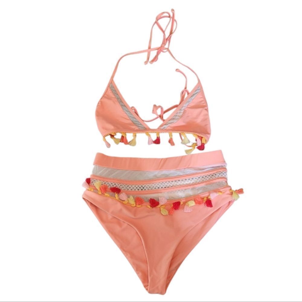 Tularosa Peach Mesh Panel Tassel High Waisted Bikini Set Size S/M
